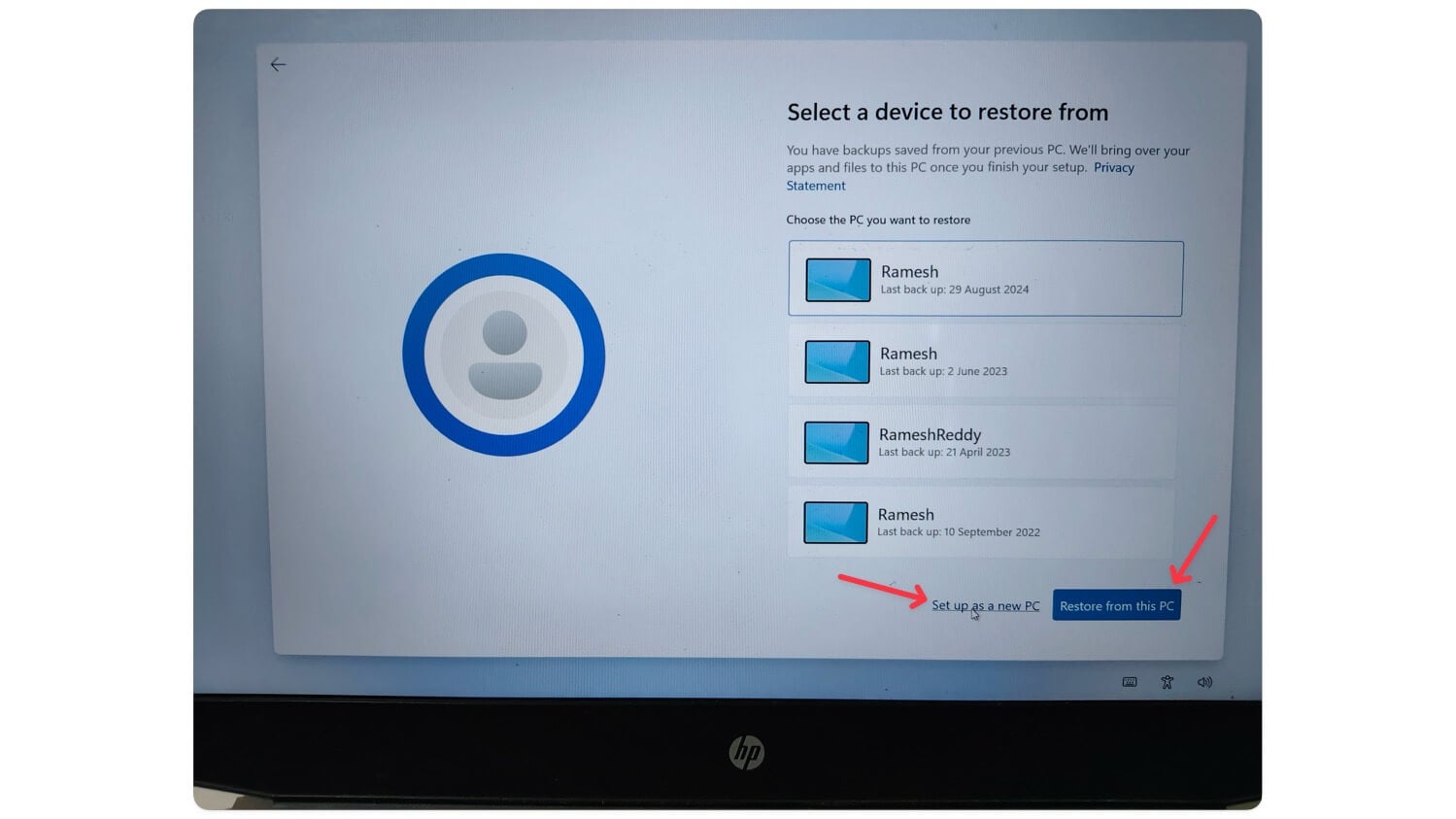 set up pc as new or restore from backup