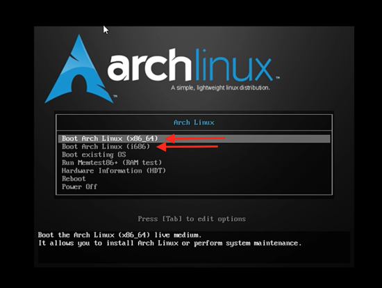 Scegli di avviare Arch Linux