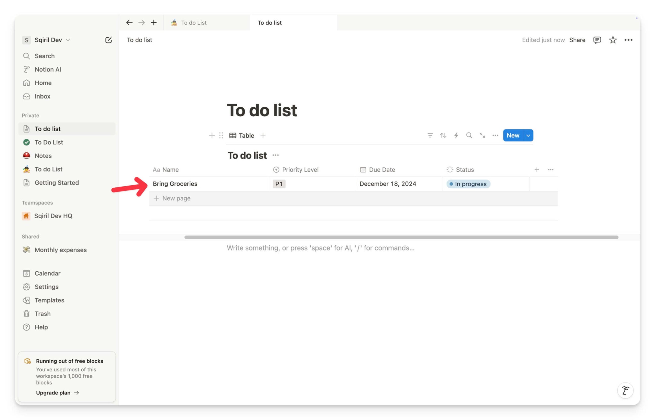 avançar lista de tarefas no notion