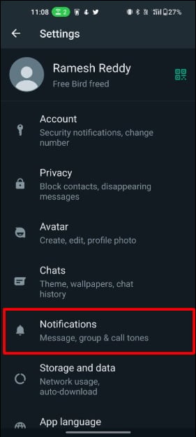 imagem mostrando tela de configurações do whatsapp