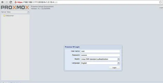 Página de inicio de sesión de Proxmox