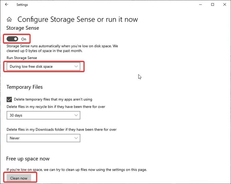 активировать функцию storage sense для освобождения места на компьютере с windows