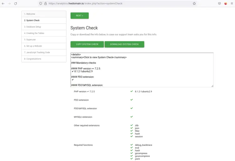 verificaciones del sistema de Matomo