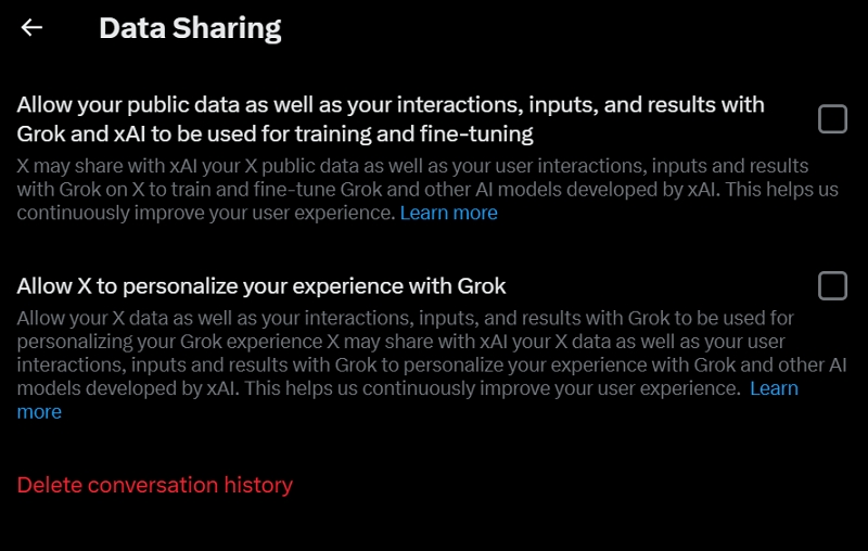 detener la compartición de datos de grok ia en x