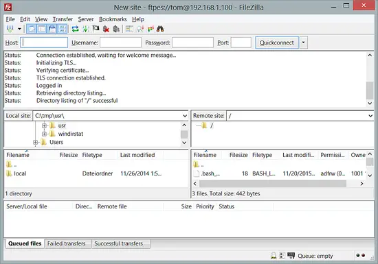 FileZillaがProFTPdに接続しました。