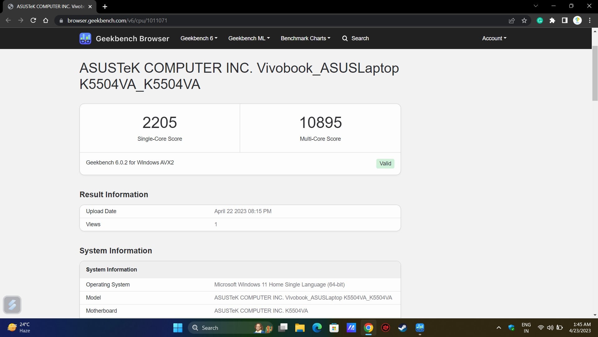reseña asus vivobook s15 oled: benchmark de cpu geekbench 6