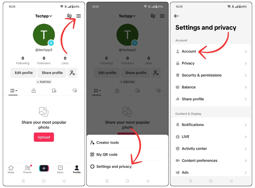 paramètres de compte sur l'application tiktok