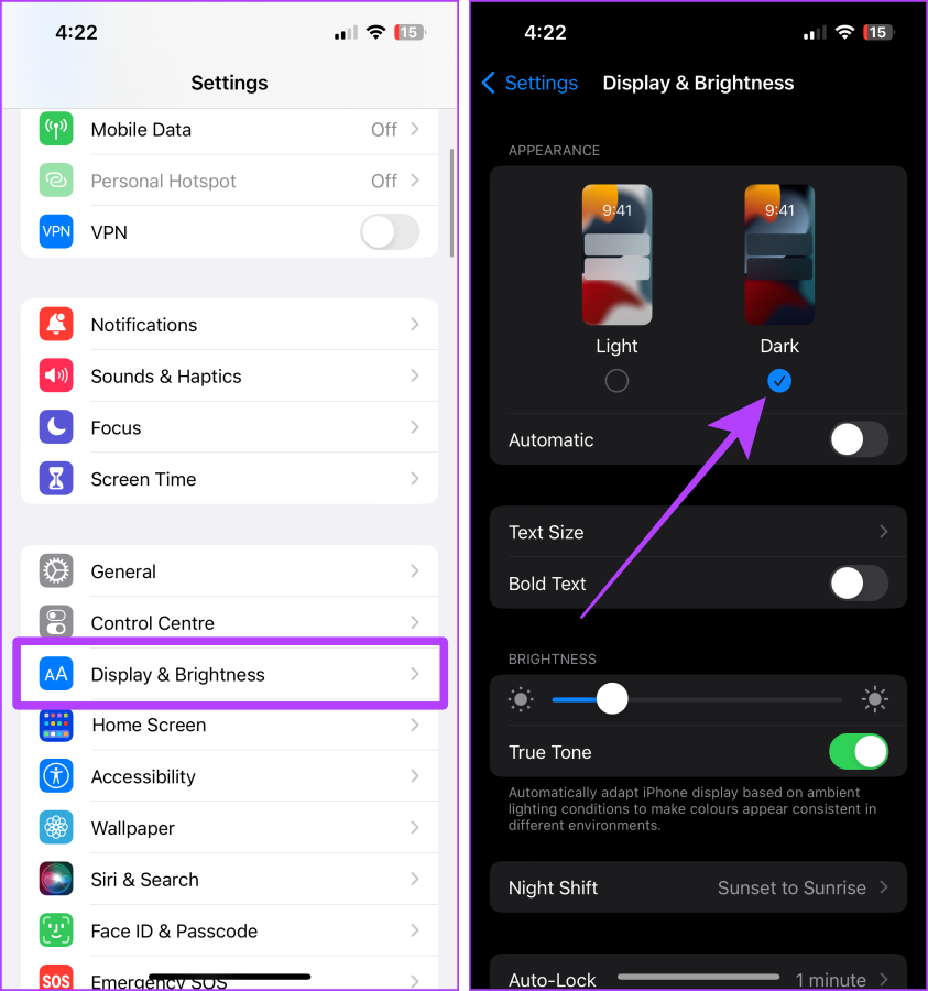 configurações de aparência escura no iphone