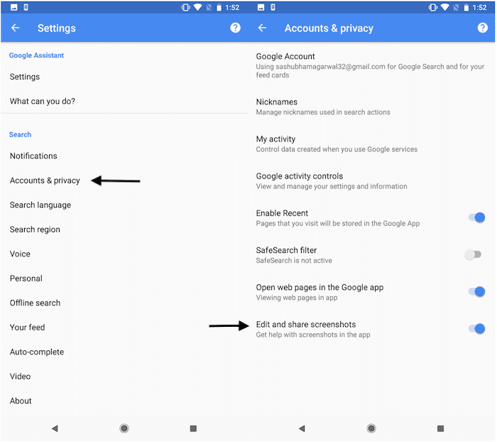 google está facilitando la edición de capturas de pantalla de su propia aplicación en android - habilitar herramienta de captura de pantalla de google