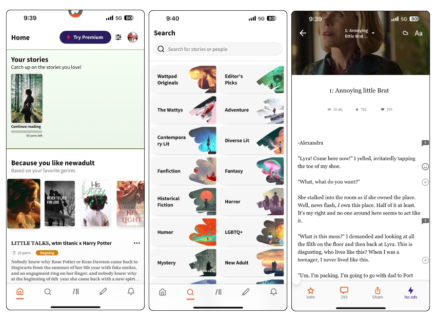 screenshot dell'app wattpad con raccomandazioni di storie, una schermata di ricerca basata su genere e una pagina di un libro