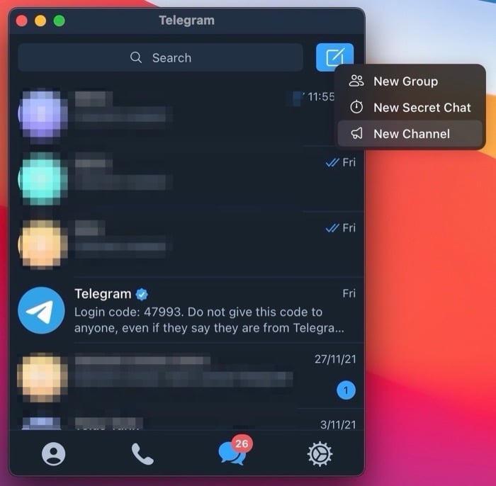 création d'un canal telegram sur bureau