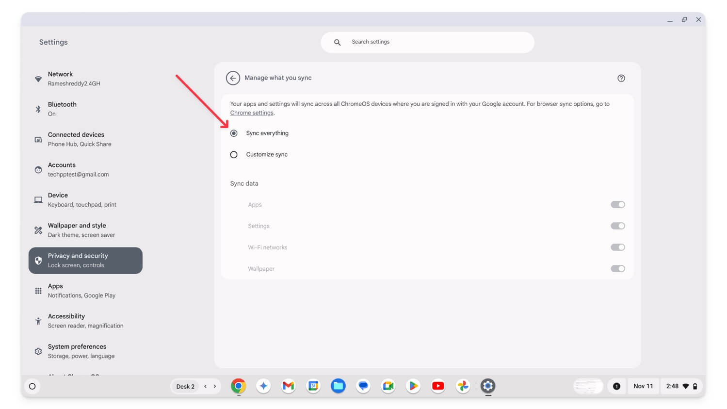 impostazioni sincronizzazione tutto chromeos