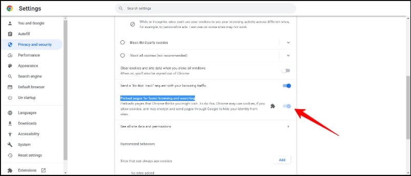 opção de pré-carregamento do google chrome