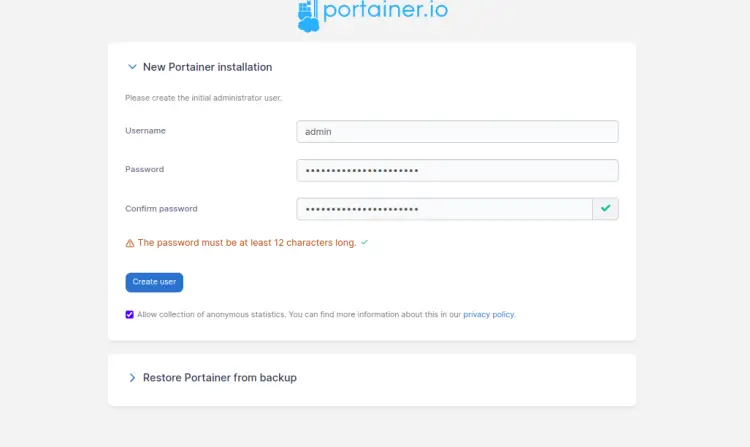 Вход в Portainer