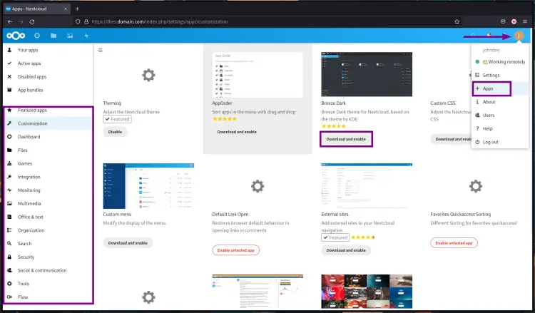 Instalando aplicaciones y complementos de Nextcloud