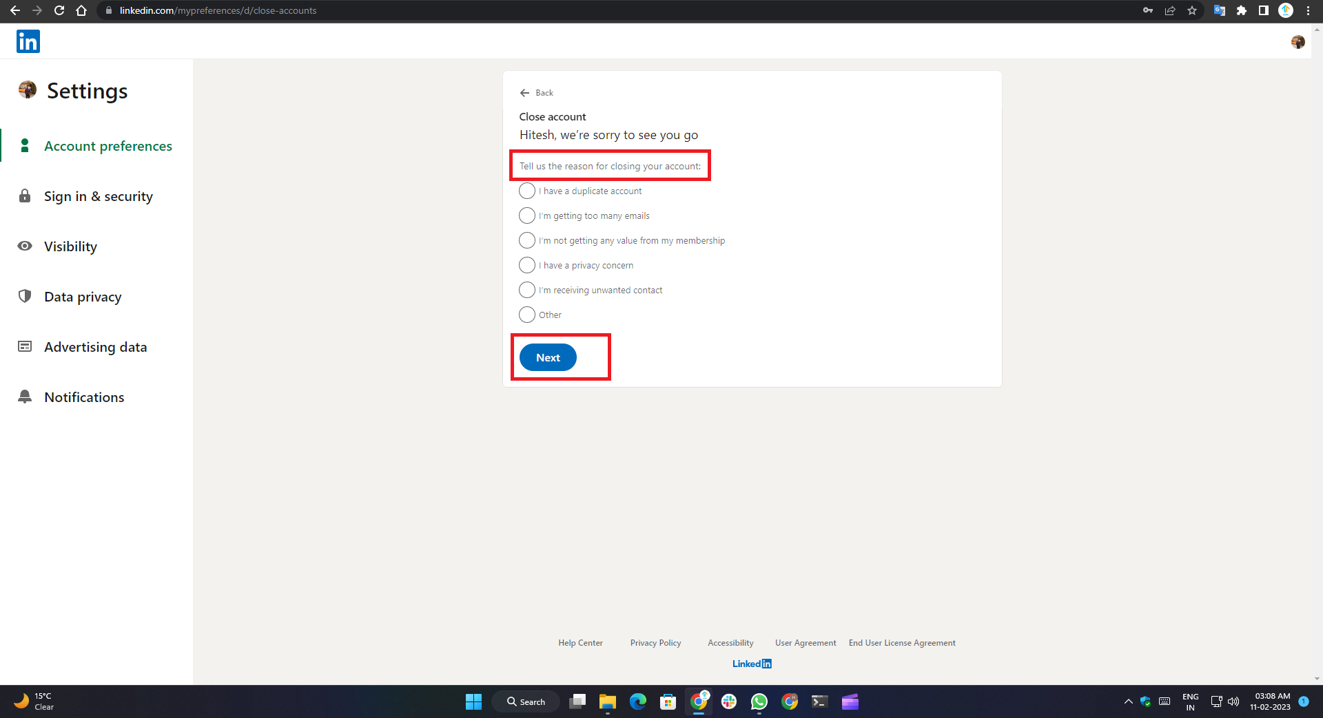wie man ein linkedin-konto löscht- grund für die löschung