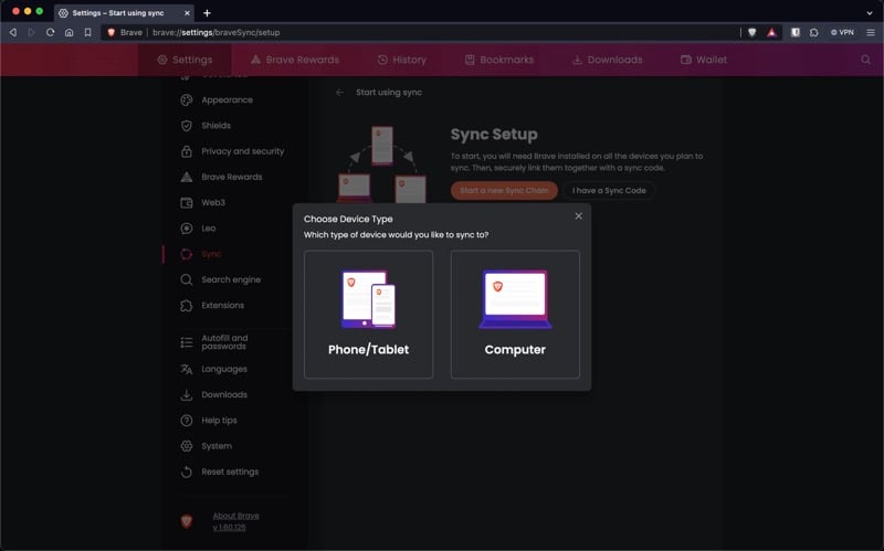 aufforderung zur wahl des geräts, um mit Ihrem desktop zu synchronisieren.