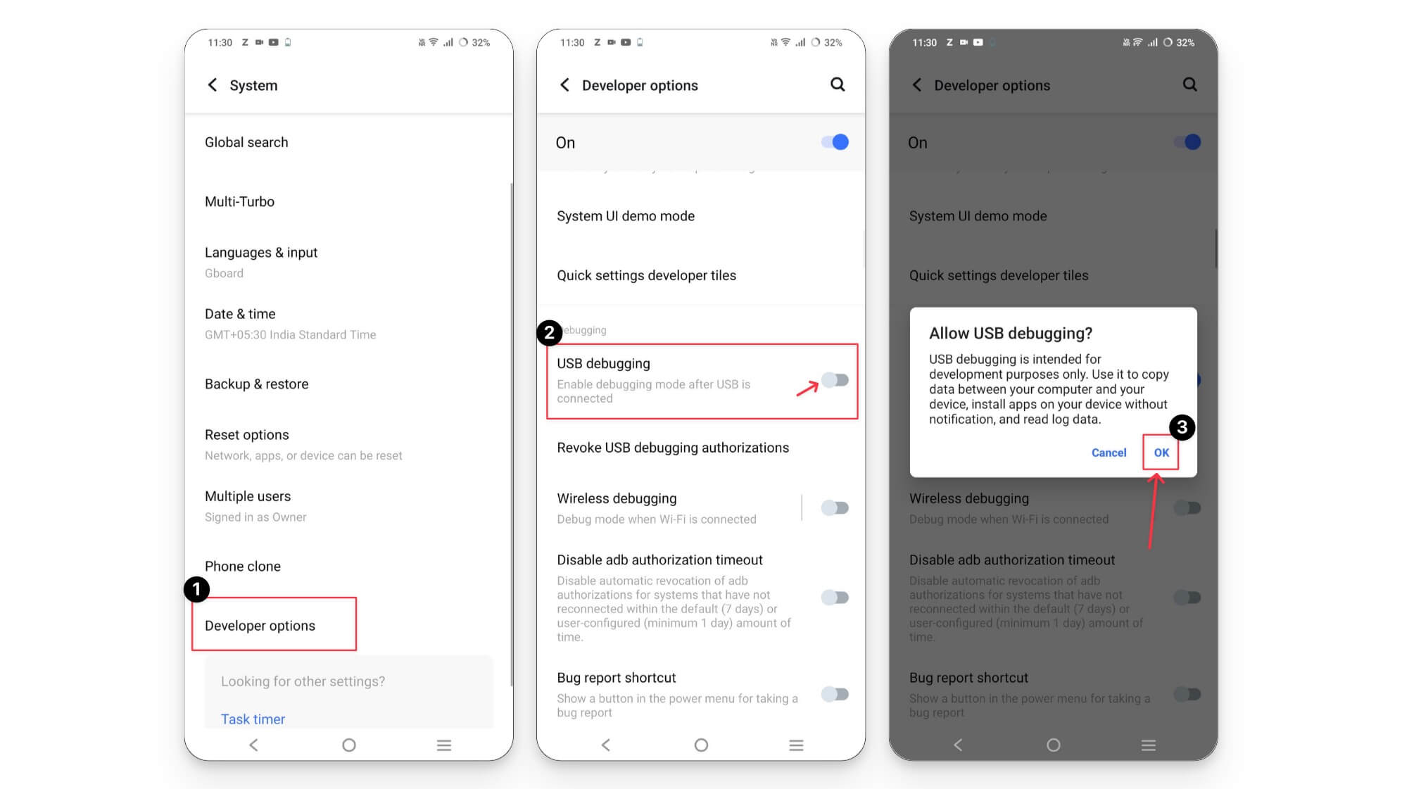 ativar depuração usb nas opções de desenvolvedor android