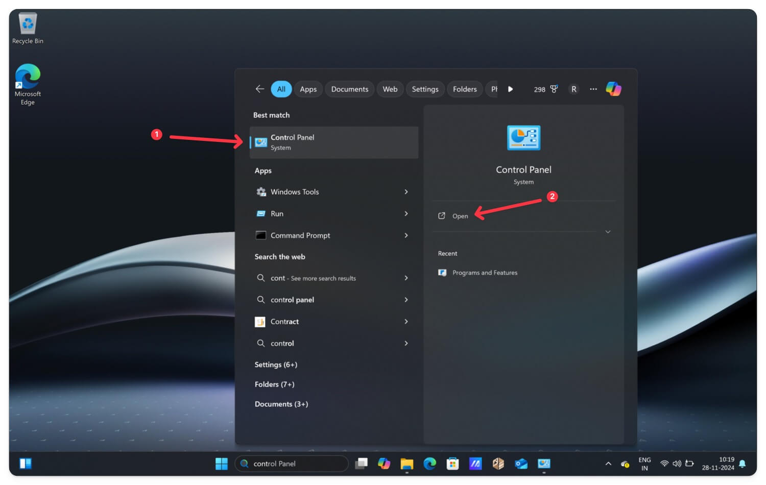 apri il pannello di controllo su windows