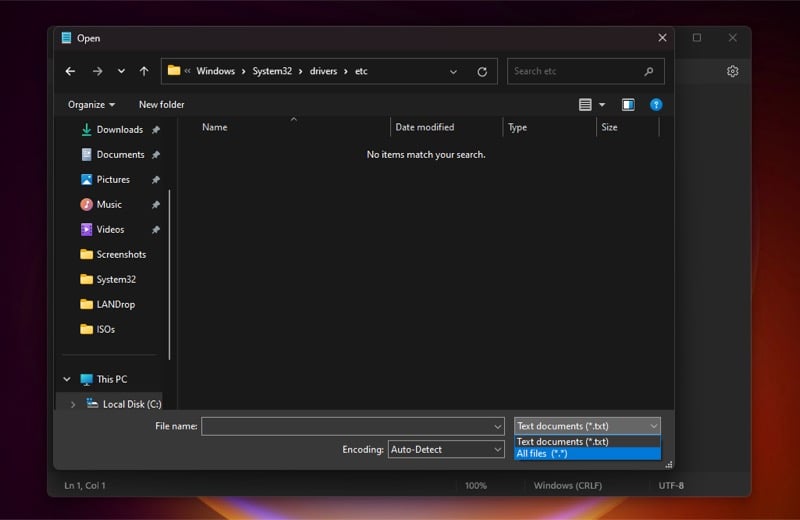 elegir el filtro de todos los archivos para encontrar el archivo hosts
