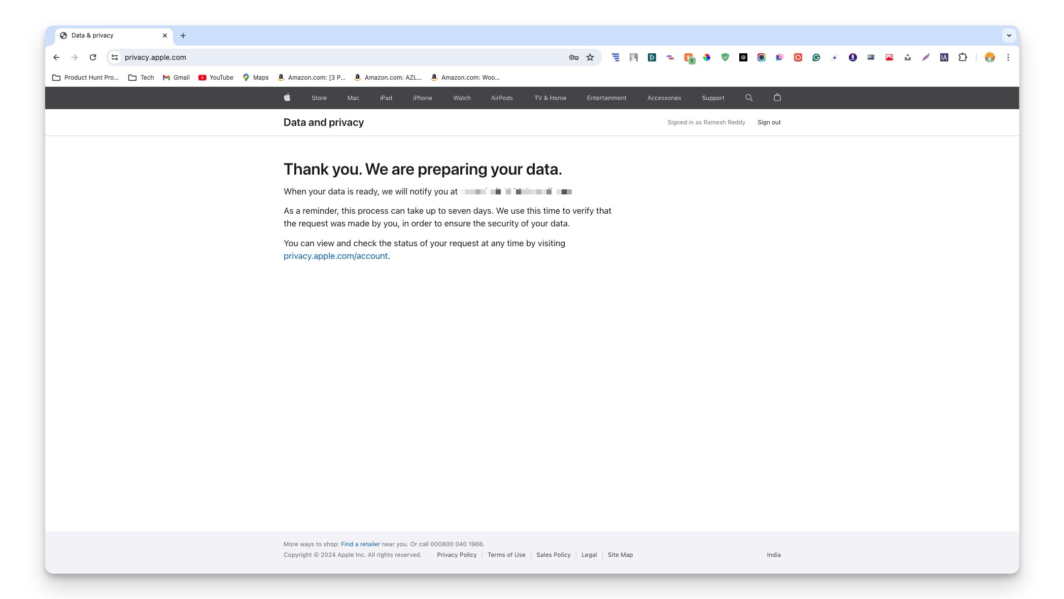 confirmation par e-mail des données demandées apple