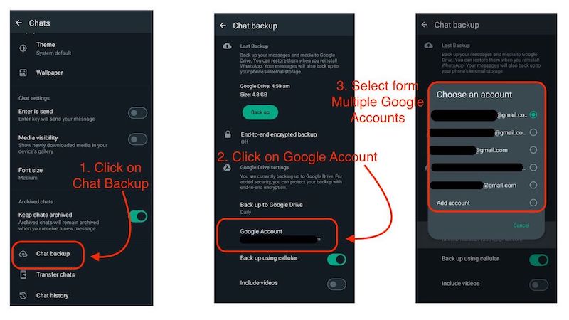 изменить учетную запись резервного копирования по умолчанию whatsapp