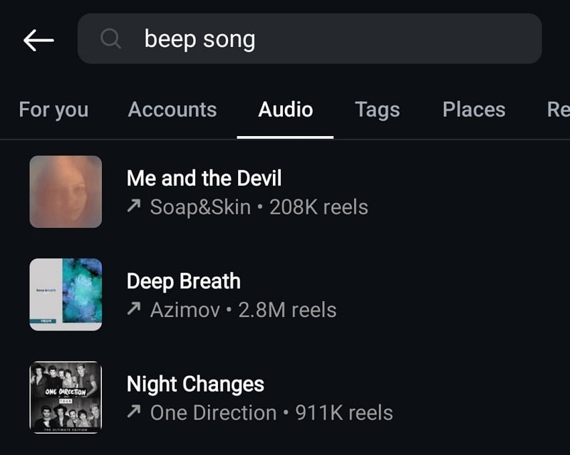 audio en tendencia y su conteo de reels