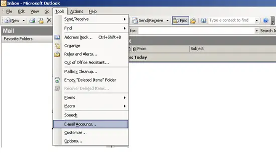 scr02 - Selecionando 'ferramentas' -> 'Conta de E-Mail'