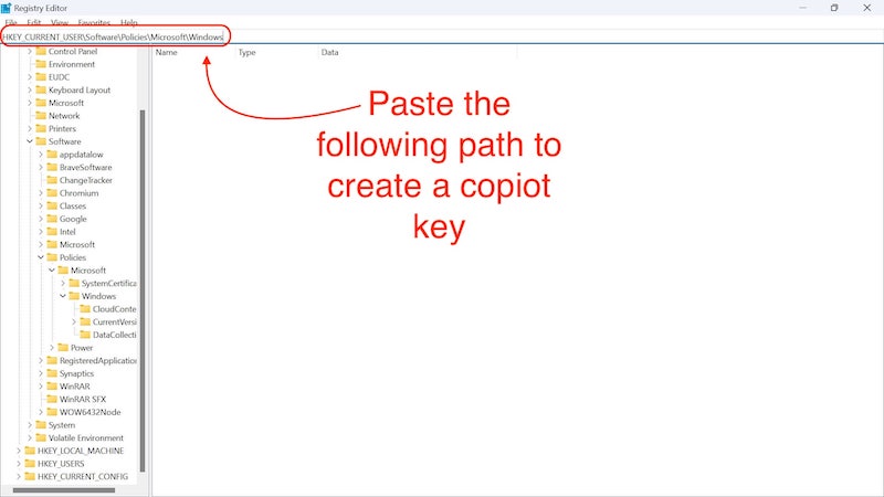 вставьте этот путь: hkey_current_usersoftwarepoliciesmicrosoftwindows