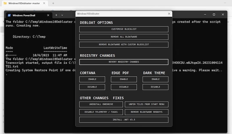 interface do windows 10 debloater