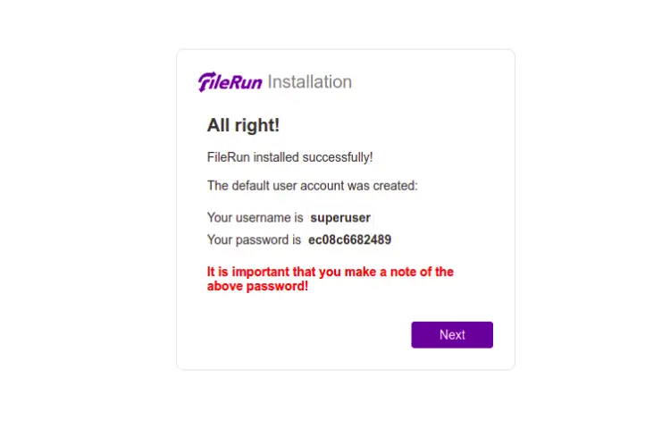 Installazione di FileRun riuscita