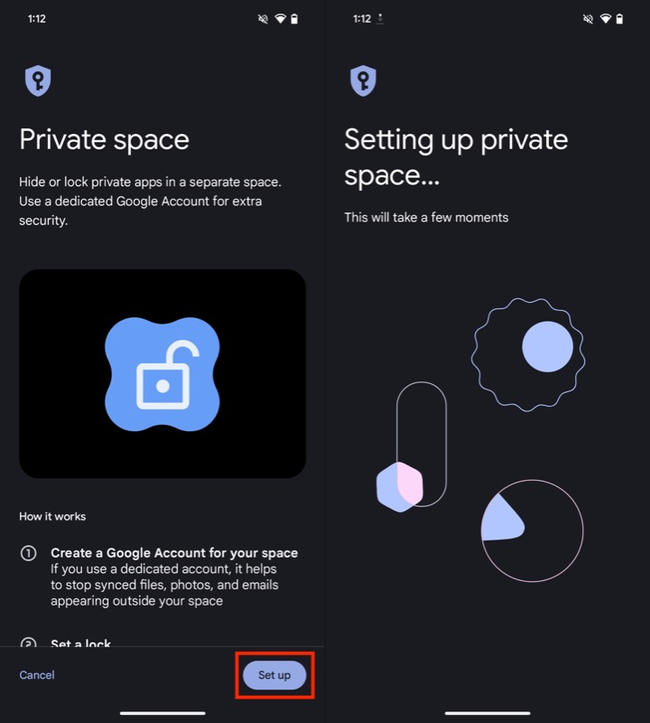 écran de configuration de l'espace privé.
