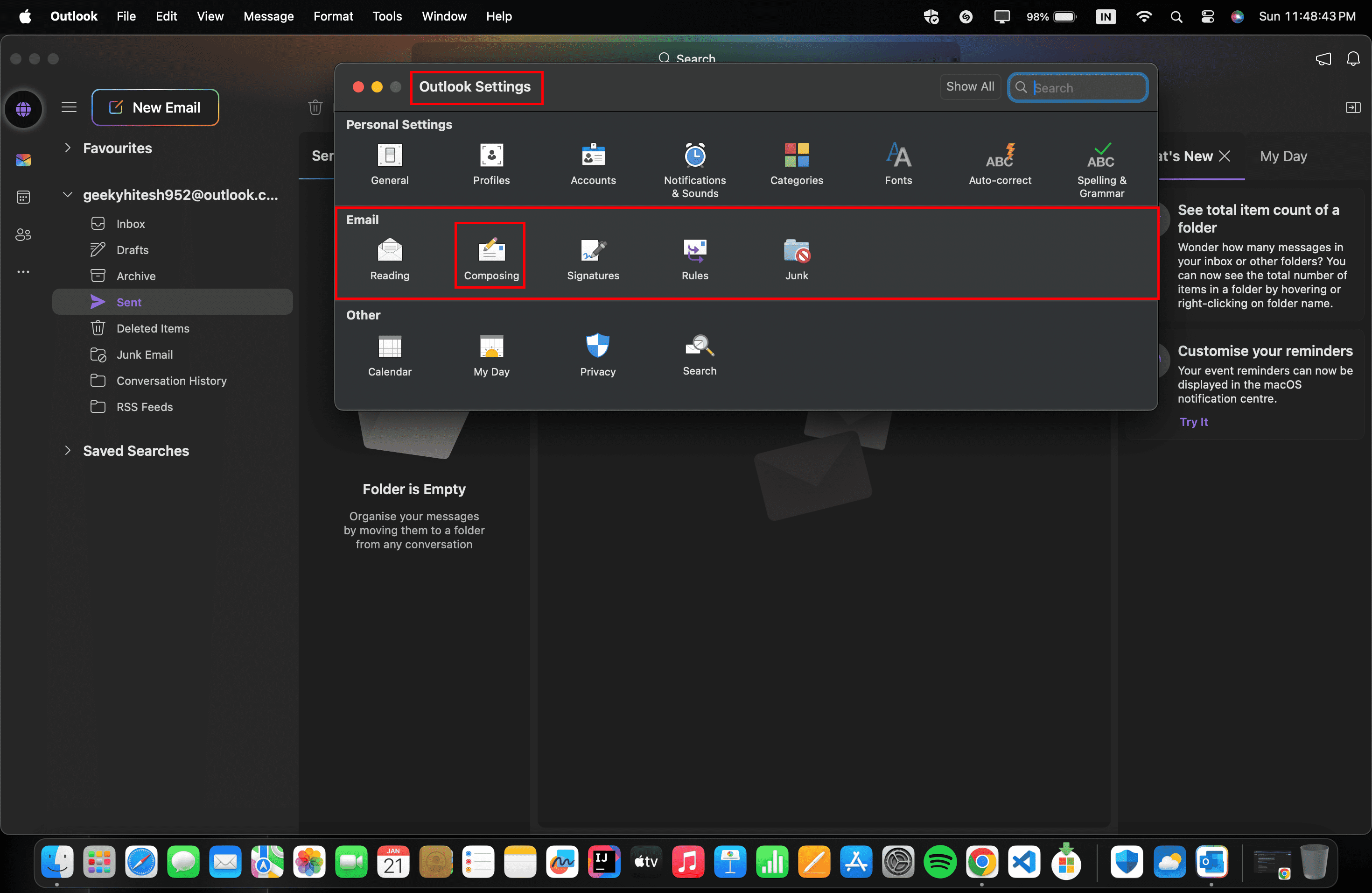 come annullare l'invio di email su outlook e gmail- pagina delle impostazioni di outlook su mac