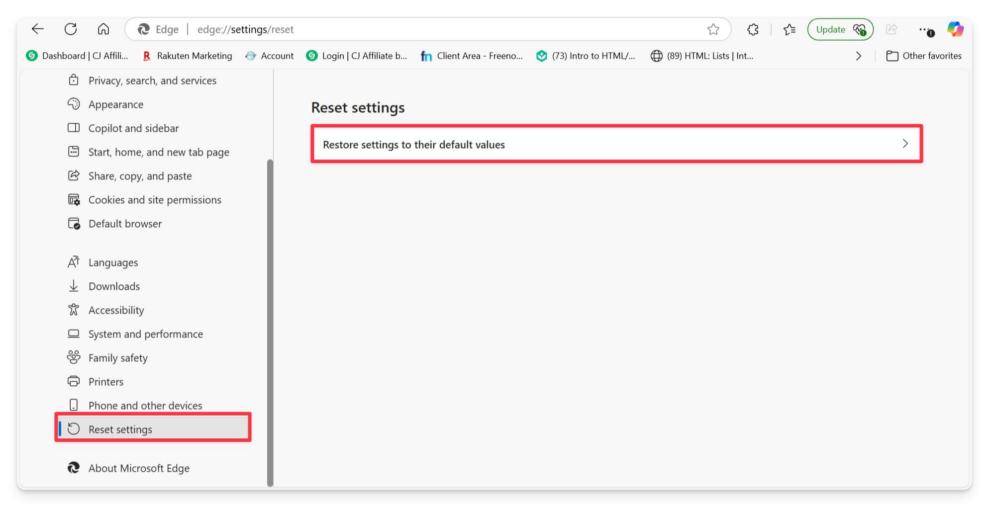 comment réinitialiser le navigateur edge