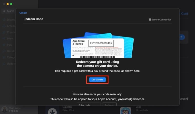 resgatando um cartão presente da apple em um mac usando a câmera.