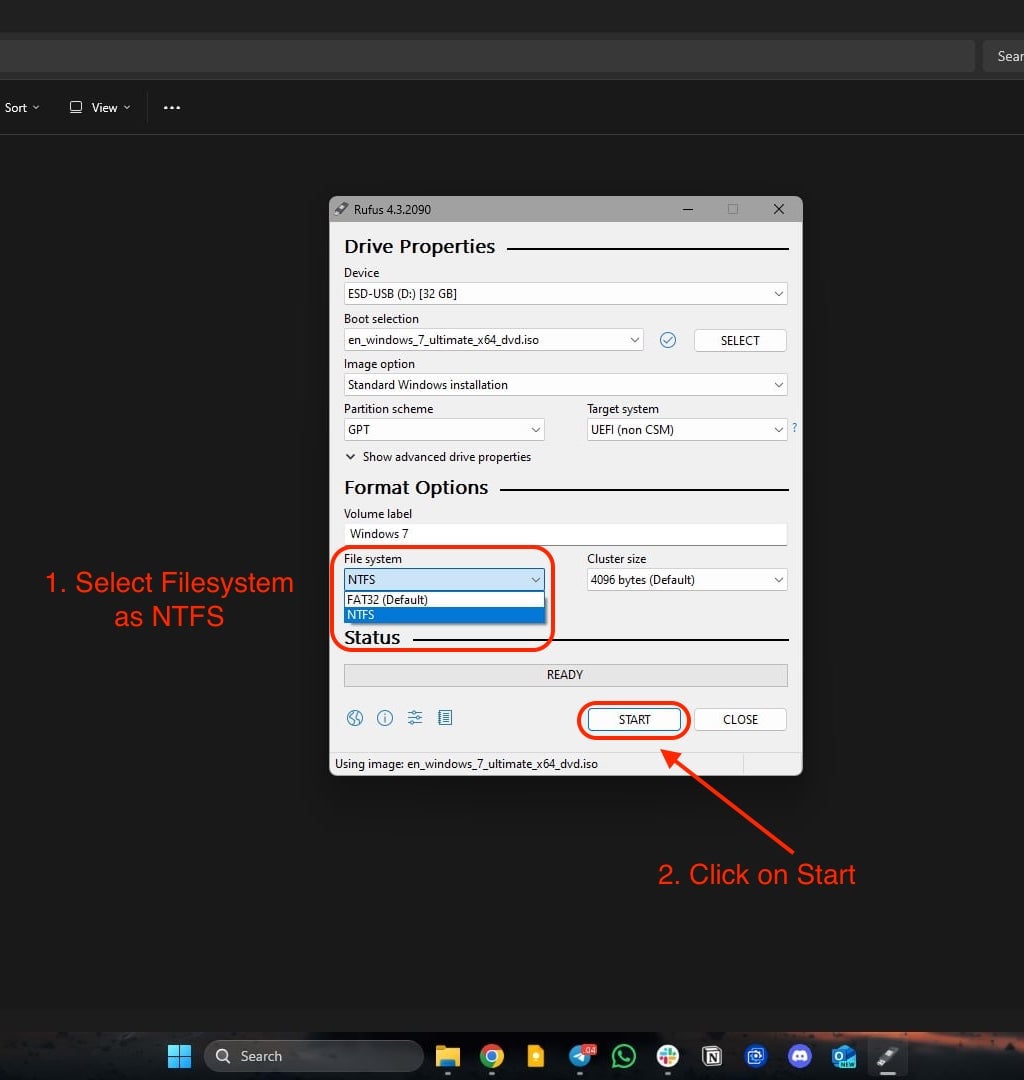 seleziona il file system come ntfs e clicca sul pulsante inizia