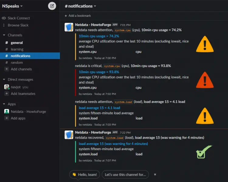Notifiche di Utilizzo CPU Slack