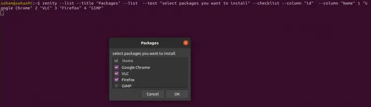 Options de case à cocher avec bash