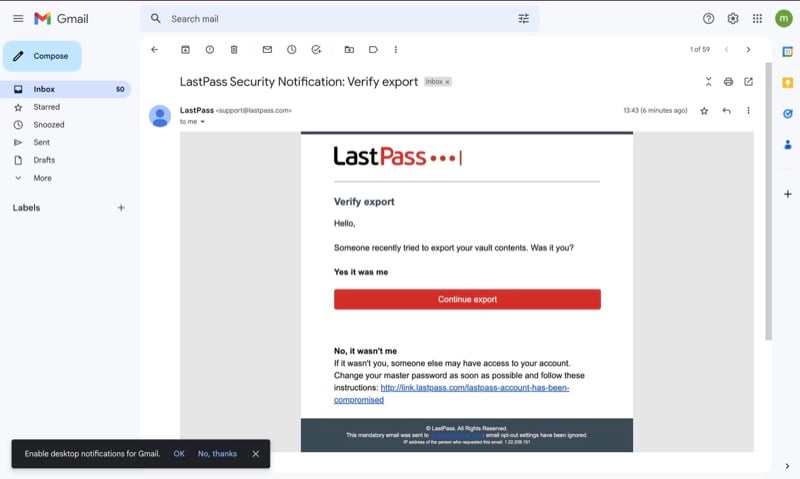 LastPass-Exportbestätigungslink