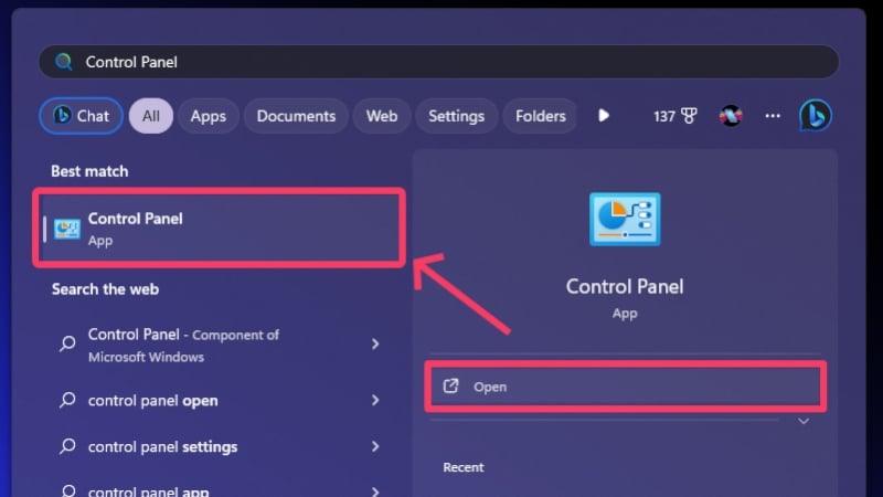 ouvrir le panneau de configuration