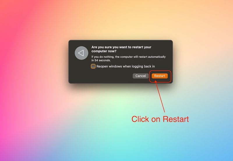 auf neu starten klicken, um den mac neu zu starten