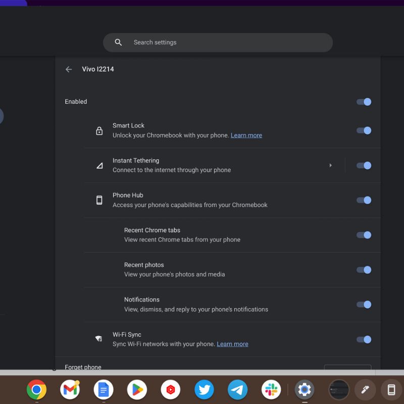 todas as configurações do telefone no chromebook