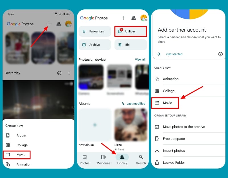 immagine che mostra come accedere alla funzione filmati di google foto su android