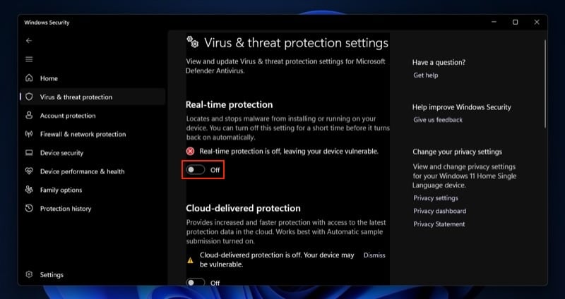 disattivazione della protezione in tempo reale di windows defender.