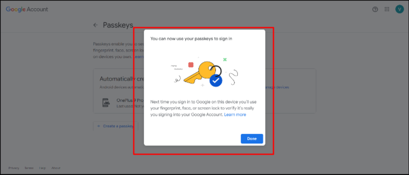 успешное сообщение о создании google passkey