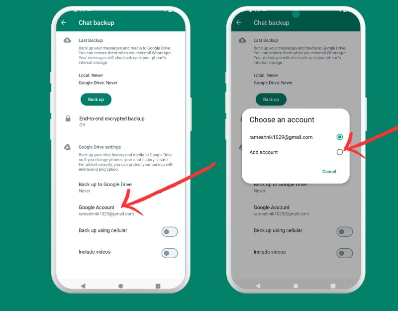 adicionar nova conta google ao whatsapp para backup