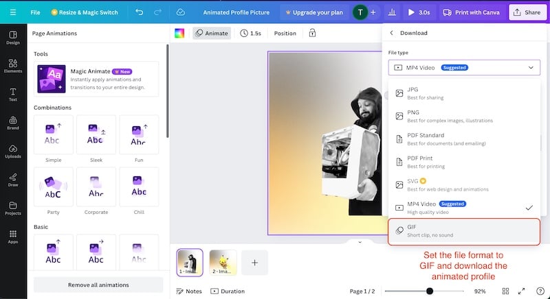 ファイル形式をgifに設定してダウンロード