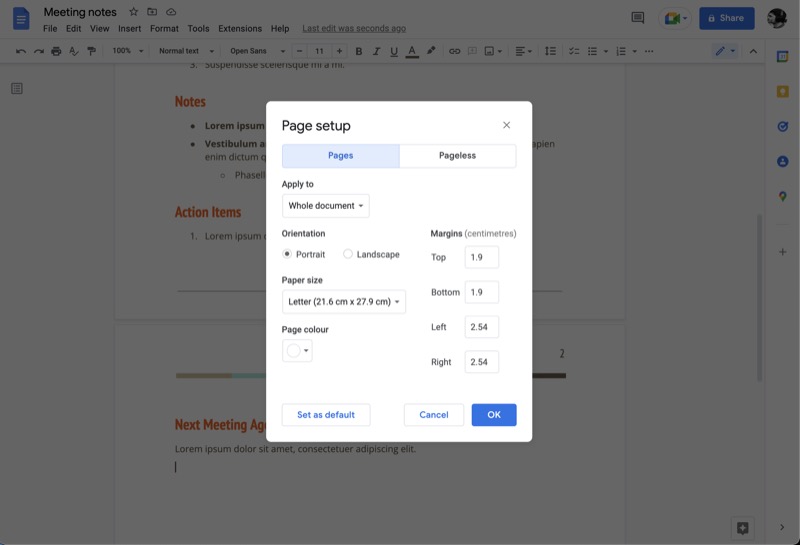 настройки страницы google docs