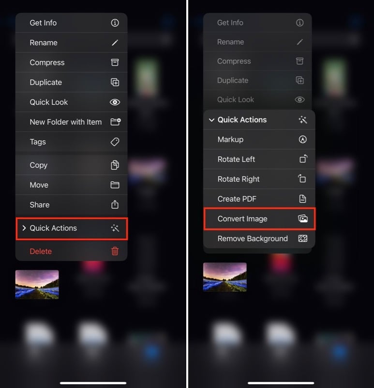 azione rapida di conversione immagine nell'app file